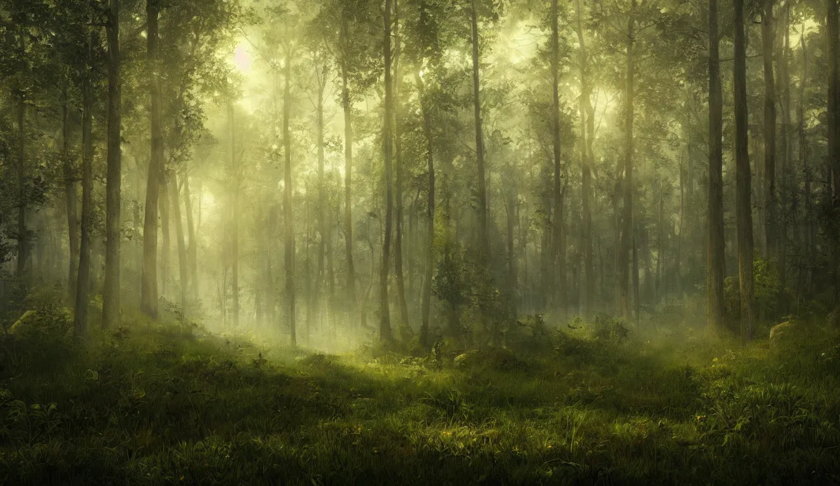 Image similar to a beautiful painting of a clearing in a forest, cinematic angle, movie concept, trending on artstation, octane render, 8 k, ultra high detail