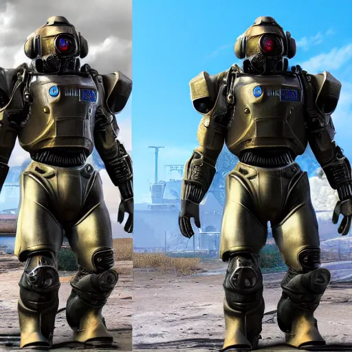 Image similar to Vladimir Putin in a fallout power armor, fallout4, rtx, raytracing, unreal engine, hyper realistic, sun rays