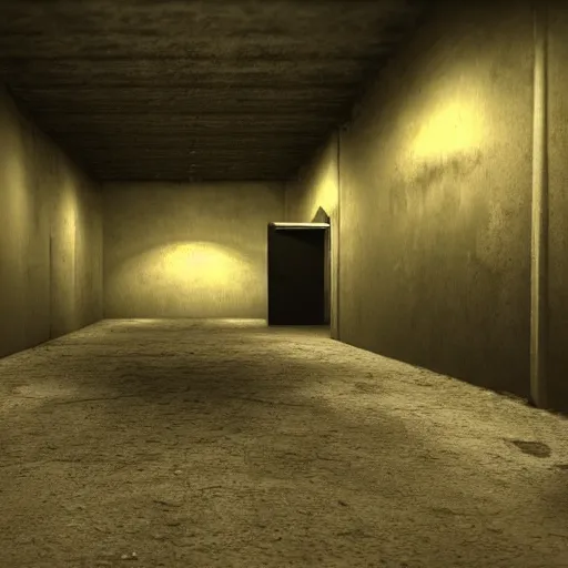 Image similar to an empty backroom at night, dark and scary atmosphere, yellow hue, photorealistic, dark ambient