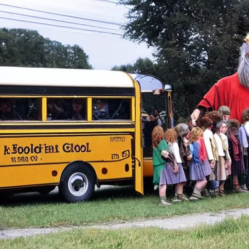 Prompt: gandalf driving a school bus full of hobbits