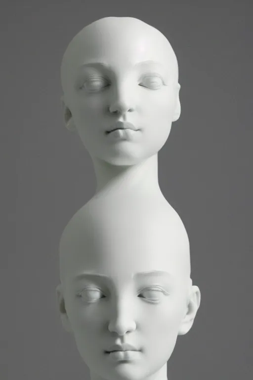 Prompt: full head and shoulders, beautiful female porcelain sculpture by daniel arsham and raoul marks, smooth, all white features on a white background, hair built like an apartment tower, delicate facial features, white eyes, white lashes, detailed white,