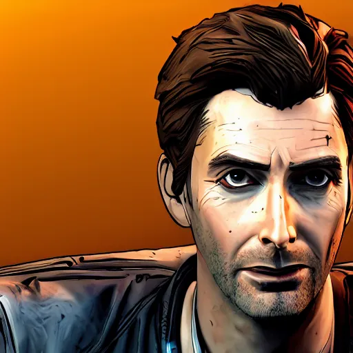 Image similar to david tennant portrait, borderlands, tales from the borderlands, the wolf among us, comic, cinematic lighting, studio quality, 8 k