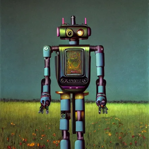 Image similar to A colorful, detailed print - A portrait of a robot standing in a field. by Arnold Bocklin and Barclay Shaw, masterful print. 4k, unreal engine stunning Art Nouveau