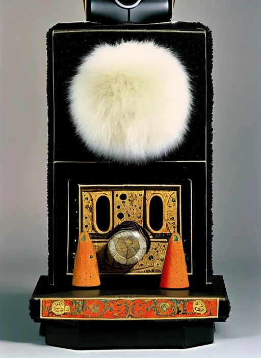 Image similar to realistic photo of a a medieval temple astronomy appliance phone, made of wood white clay fluffy fur black plastic 1 9 9 0, life magazine reportage photo, natural colors, metropolitan museum collection