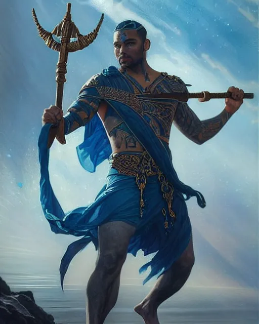 Prompt: a beautiful action portrait of an Atlantis prince, blue-fabric, tattoos, holding a deadly silver trident!!!!!!!!!!!!!!!, by Greg Rutkowski and Raymond Swanland, Trending on Artstation, ultra realistic digital art