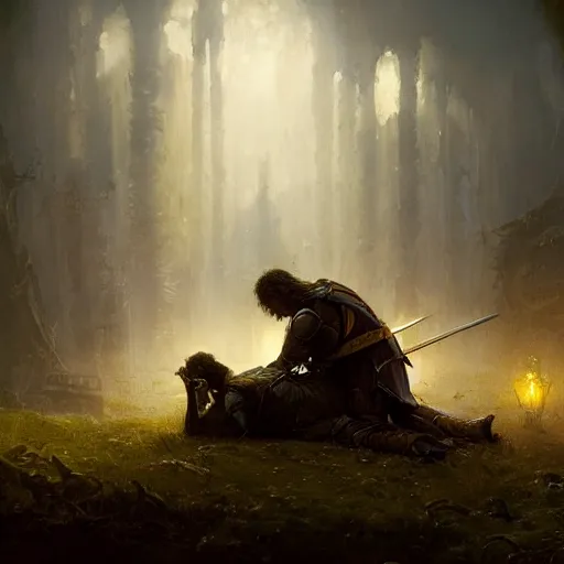 Prompt: masterpiece a knight kneeling over his dead dead dead friend lying before him and crying crying crying, by Greg Rutkowski Thomas Kincade, detailed, 4k, cinematic, intense, gritty, fantasy, two characters, tragedy