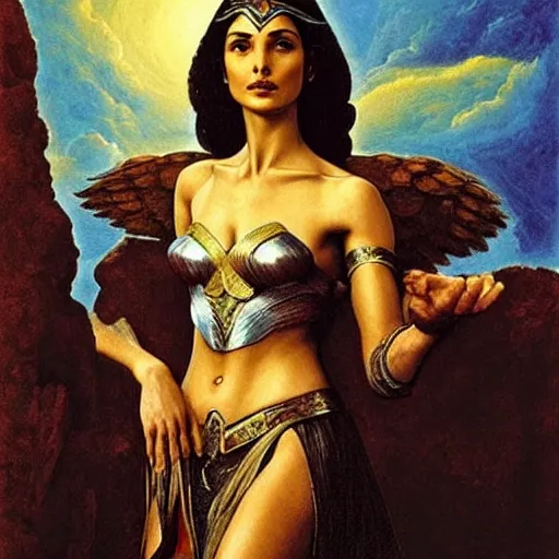 Image similar to Full body oil painting of the beautiful goddess Gal Gadot as Cleopatra, she is wearing a strophion and a surreal ornate, her hair is natural disheveled, she is approaching heaven over the clouds, naturalism, dramatic lighting, high-detailed oil painting by Ilya Repin, Michelangelo da Caravaggio, William Blake, Alex Grey and Beksinski, trending on Artsation, hystorical painting, naturalism, masterpiece, 4k, 8k,