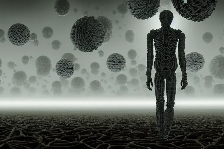 Prompt: a complex organic fractal 3 d ceramic humanoid megastructure, cinematic shot, foggy, photo still from movie by denis villeneuve