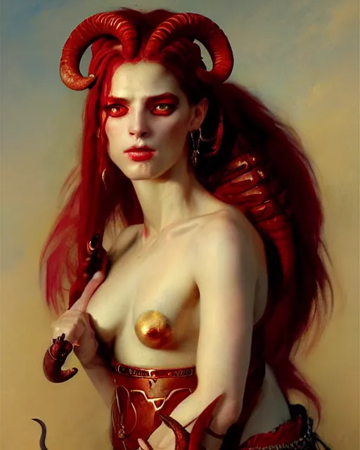 Image similar to painted close - up portrait of an attractive red - skinned intimidating demon girl with ram horns. oil painting, wearing a noblewoman's outfit, fantasy art by greg rutkowski and john singer sargent and gaston bussiere, demon noble character design