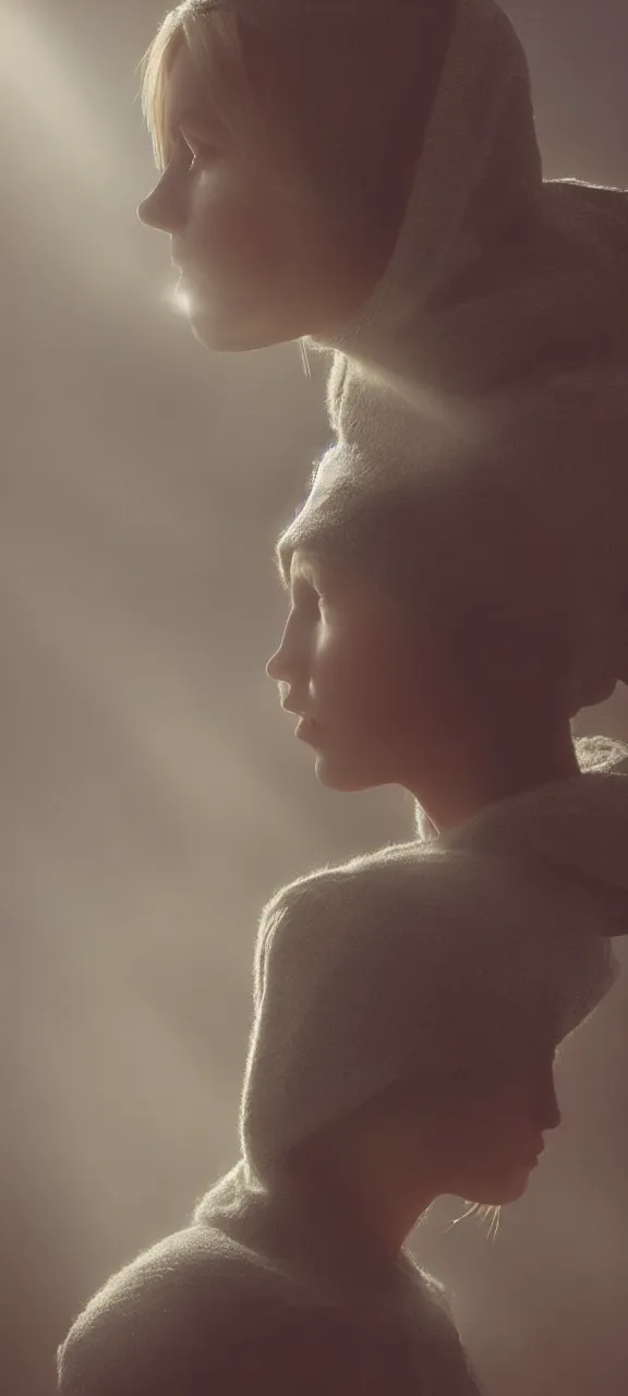 Image similar to very very beautiful mysterious profile photograph of emily skinner looking like annie leonhart in a hoodie standing next to a window god rays shining on her from the sunlight, volumetric fog, smoke, depth of field, beautiful composition, very very very beautifull face, on artstation and instagram, ray tracing