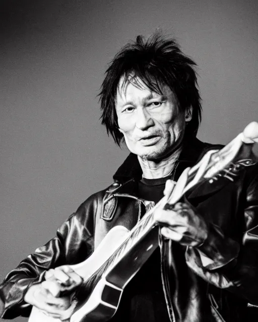 Image similar to sixty years old viktor tsoi with guitar in his hands, leather jacket, photo, microphone, rock concert, black and white, iso 6 0 0, 3 5 mm, codac gold