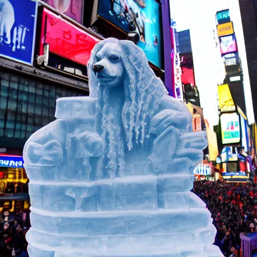 Image similar to snoop dog ice sculpture in times square, photorealistic, 8 k resolution, high detail