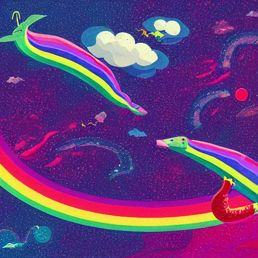 Prompt: a picture of the loch ness monster flying in space wearing rainbow colored slotted shapes, psychedelic space adventure, absurdism, ultrawide angle, depth of field, 4 k, artstation