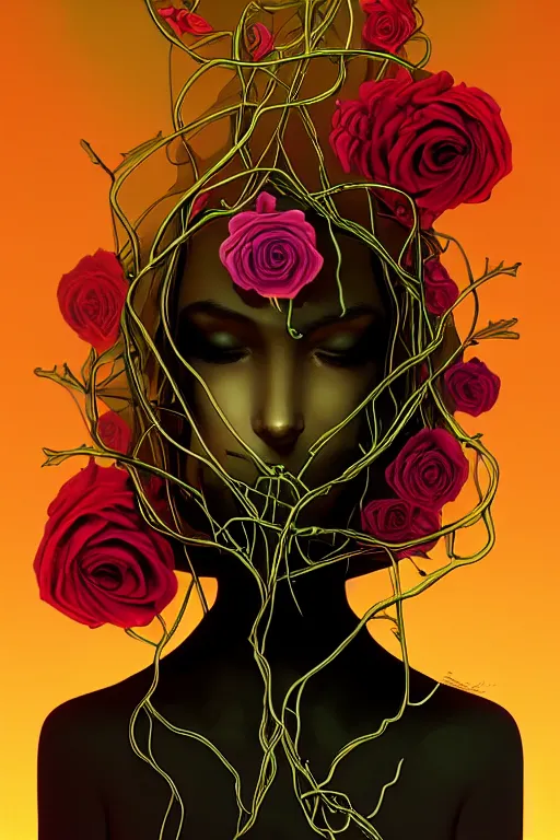 Image similar to 👁👩🏽🌹👾, phantom, dreary, dramatic, fluid, golden ratio, artstation, moebius + loish, hd, overgrown vines