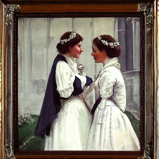 Image similar to two young edwardian women getting married to each other in a russian church, in the style of anders zorn