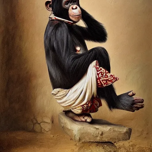 Image similar to beautiful painting by sophie anderson of a chimpanzee wearing traditional men kurdish clothes baggy pants and white shirt with a large sash tied around the waist in a kurdish village, award winning art, insanely detailed, bright colors, global illumination, cute, young, stunning