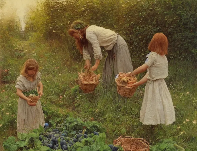 Image similar to 3 peasant girl picking vegetables from garden, cottage core, cinematic focus, polaroid photo bleached vintage pastel colors high - key lighting, soft lights, foggy, by steve hanks, by lisa yuskavage, by serov valentin, by tarkovsky, 8 k render, detailed, oil on canvas