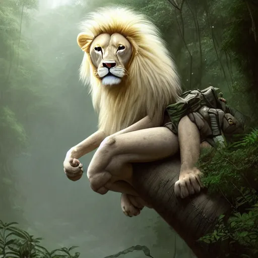 Image similar to commission portrait of a male anthro albino lion,wearing cargo pants and a boack t-shirt,going through a jungle cautiously.dramatic,character design by charles bowater,greg rutkowski,ross tran,hyperdetailed,hyperrealistic,4k,deviantart,artstation,professional photography,concept art