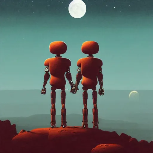 Image similar to illustration of two robots holding hands on a summit, standing, looking out toward a full moon on a starry night, beautiful, muted colors, in the style of hirohiko araki, zdzisław beksinski, atey ghailan