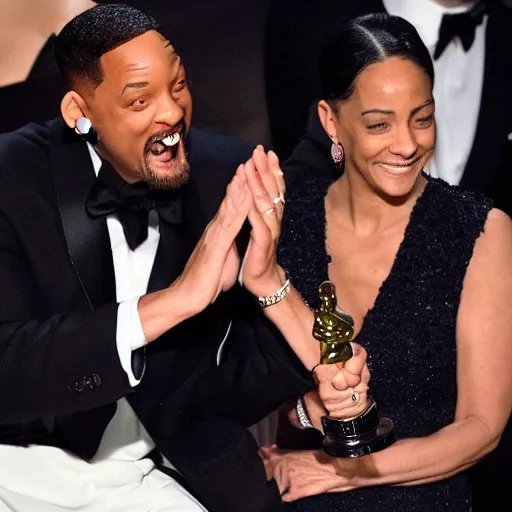 Prompt: Will Smith slapping himself at the oscars while his wife Jada laughs maniacally