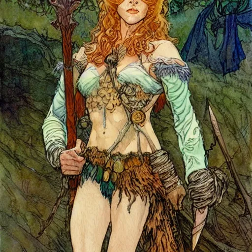 Image similar to a realistic and atmospheric watercolour fantasy character concept art full body image of a young jane fonda in her 2 0 s as a druidic warrior wizard looking at the camera with an intelligent gaze by rebecca guay, michael kaluta, charles vess and jean moebius giraud