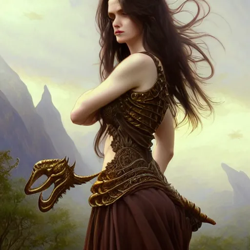 Image similar to brown haired demoness, full body portrait, gentle, female, city landscape, norway, d & d, fantasy, intricate, elegant, highly detailed, digital painting, brown and gold color palette, artstation, octane render, concept art, matte, sharp focus, illustration, herrarthstone, art by artgerm and greg rutkowski and alphonse mucha