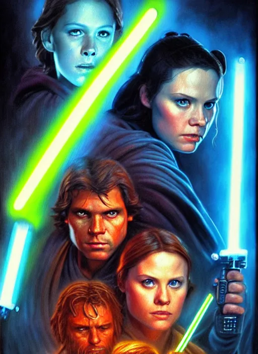 Image similar to epic cinematic poster artwork for featuring portraits for lost star wars film 1 9 9 0 moody painting by drew struzan, beautiful backlit, colorful, epic award winning, artstation, extremely detailed, flare, photorealistic, 4 k