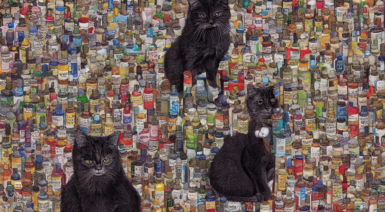 Image similar to A cat is smiling, next to the cat there are several bottles of vitamin and cat medicines of different sizes , on the bottles of vitamins and cat medicine, a highly detailed illustration by Dan Mumford and Wayne Barlowe, artstation,