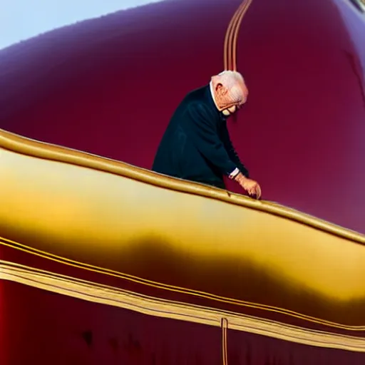 Image similar to wrinkled hunchbacked old man in musty burgundy suit, polishing painting the side of a huge gold plated mega yacht with a cloth, maintenance photo