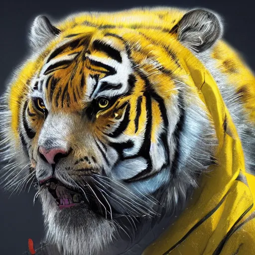 Prompt: a beautfiul award winning aesthetic commission of an antrho albino tiger wearing a yellow-black padded hooded puffer jacket,digital art,art by greg rutkowski,character design by charles bowater,ross tran,photorealistic,detailed face,hyperdetailed,western comic,2021,artstation,deviantart,detailed face