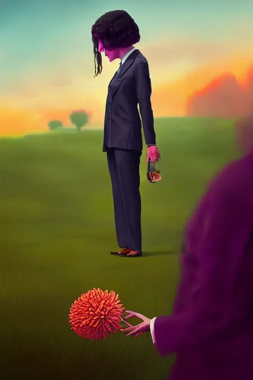 Image similar to portrait giant dahlia flower head, frontal, girl in a suit, standing in street, surreal photography, sunrise, dramatic light, impressionist painting, digital painting, artstation, simon stalenhag