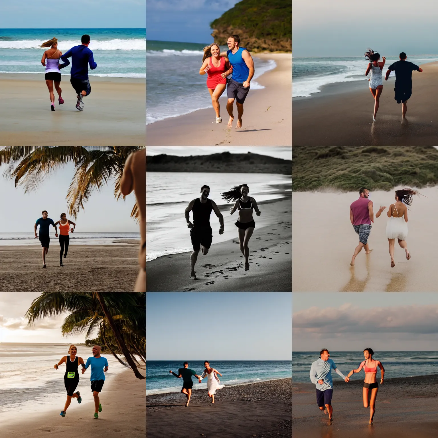 Prompt: happy couple running toward each other on the beach