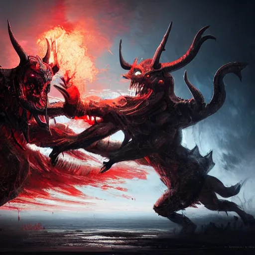 Prompt: Two demons in hell fighting each other, highly detailed art, trending on artstation, 4k concept art, digital art, by Greg Rutkowski