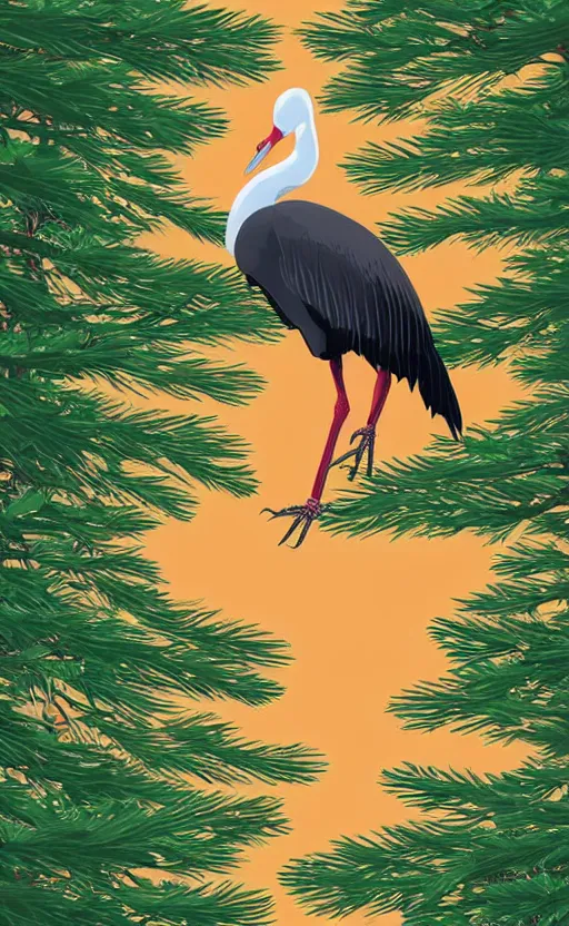 Prompt: fresh trump card design, vector art, a huge japanese crane bird is chilling above a lake in the middle of a forest of japanese pines, a big red sun in the background, front of game card, clean elements, trending on kickstarter, stunning, solid colors