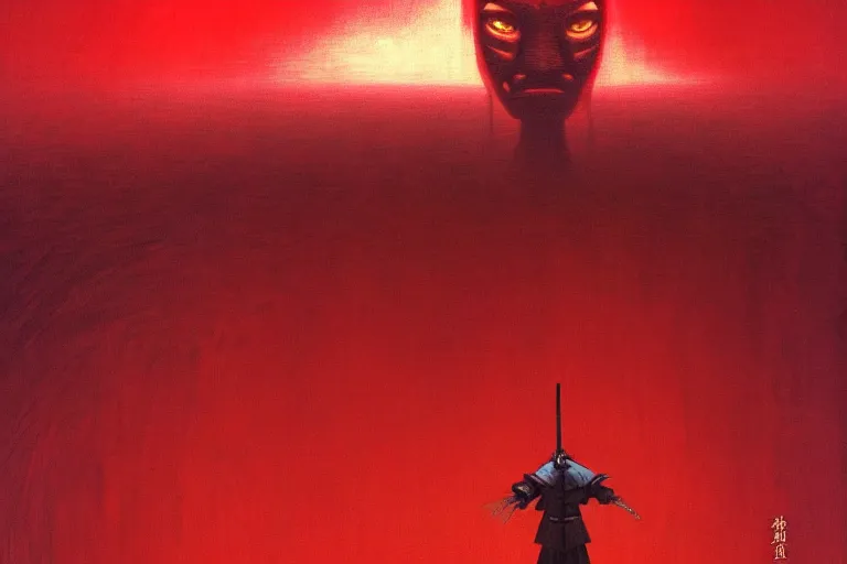 Image similar to only with red, a red cyborg samurai, tokio futuristic in background, some evil yokai fight, in the style of beksinski, parts by edward hopper, parts by rodcenko, parts by yue minjun, intricate and epic composition, red by caravaggio, insanely quality, highly detailed, masterpiece, red light, artstation, 4 k