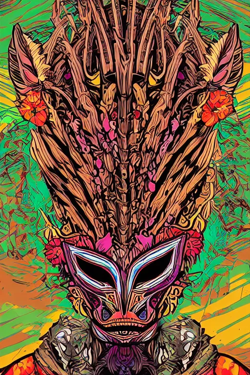 Image similar to animal mask totem roots flower tribal feather gemstone plant wood rock shaman vodoo video game vector cutout illustration vivid multicolor borderlands comics by josan gonzales and dan mumford radiating a glowing aura