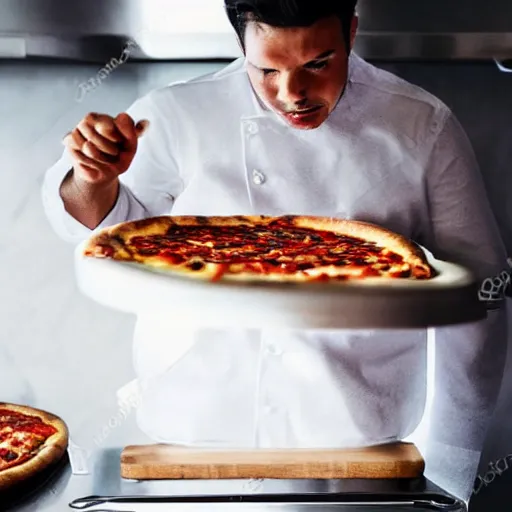Image similar to black and white exotic shorthair making pizza in a modern kitchen, realistic photo,