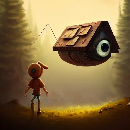 Image similar to a walking wood and metal house with two legs and one big eye, rust, hyperrealistic, highly detailed, cinematic, single ray of sun, morning, pareidolia, gravity falls style, disney, beautiful, cgssociety, artstation, 8 k, oil painting, digital art