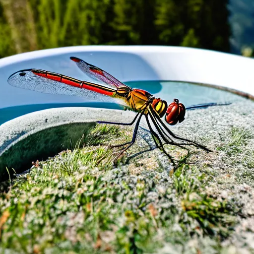 Prompt: dragonfly in a bathtub in the alps, goats! in background