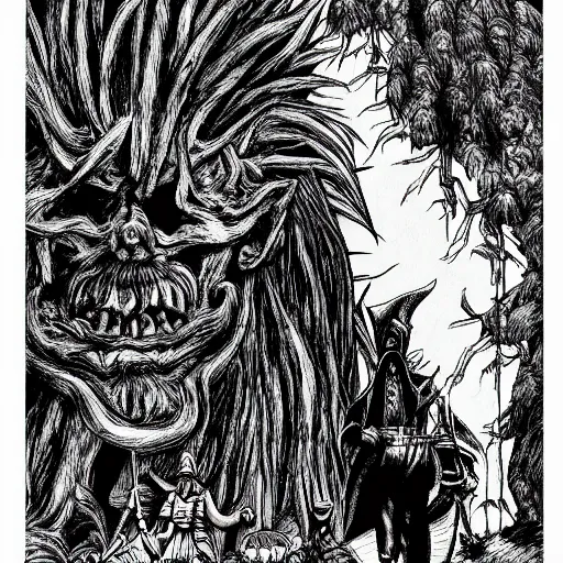 Image similar to The Wizard of Oz by Kentaro Miura, highly detailed, black and white