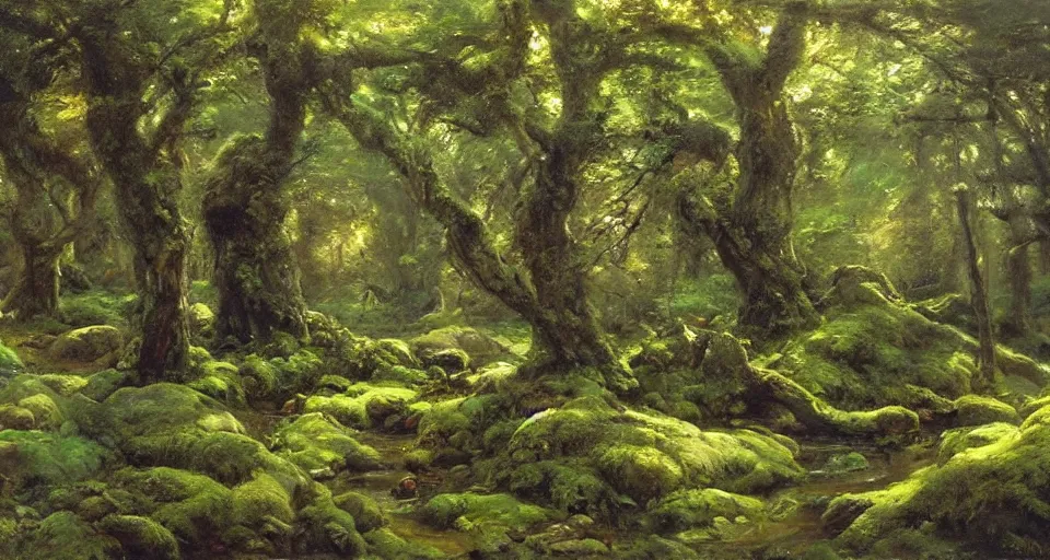 Image similar to ancient oak forest, mossy rocks, stream, oil painting, vivid colors, brush strokes, elegant, highly detailed, by richard schmid and john singer sargent