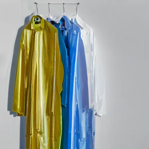 Image similar to an ultra high definition professional studio quality photograph of a transparent iridescent perspex pastel coloured raincoat on a white coat hook in an empty white room. dramatic lighting, ray tracing, refraction, shallow d. o. f, colour corrected, golden ratio, three point light. light rays.