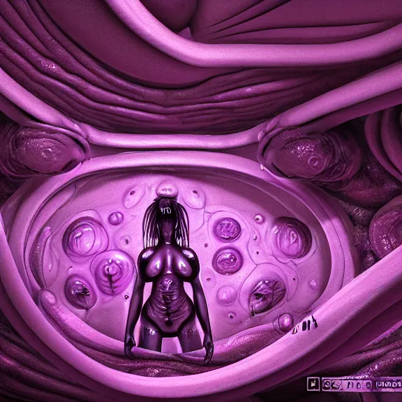 Image similar to detailed shot inside a goddess' cavernous synthetic stomach, the walls purple and pulsing, slimy and hot, lots of acid pooling up on the floor, digesting a bunch humans graphically, food pov, micro pov, vore, digital art, furry art, high quality, 8k 3D realistic, macro art, micro art, Furaffinity, Deviantart, Eka's Portal, G6