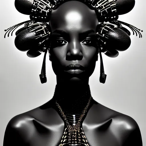 Image similar to portrait of an absurdly beautiful, graceful, sophisticated, fashionable black cyberpunk mechanoid gravure idol, hyperdetailed illustration by irakli nadar, maria borges, matt wisniewski style, intricate linework, dark black skin, neon jellyfish headdress, ivory carved ruff, unreal engine 5 highly rendered, global illumination, radiant light, detailed and intricate environment