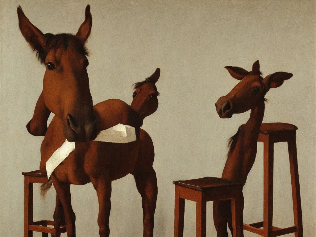 Image similar to a mule and a barstool by Raphael, Hopper, and Rene Magritte. detailed, romantic, enchanting, trending on artstation.