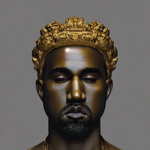 Prompt: side portrait of kanye west in the form of a greek sculpture in marble, with a gold crown, baroque elements in the background, museum. photorealistic. ultra detailed. flash. intricate artwork by miguel angel. octane render. cinematic. 4 k. bokeh.