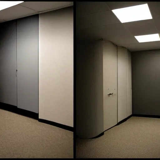 Image similar to backrooms office space, ominous lighting, moldy walls