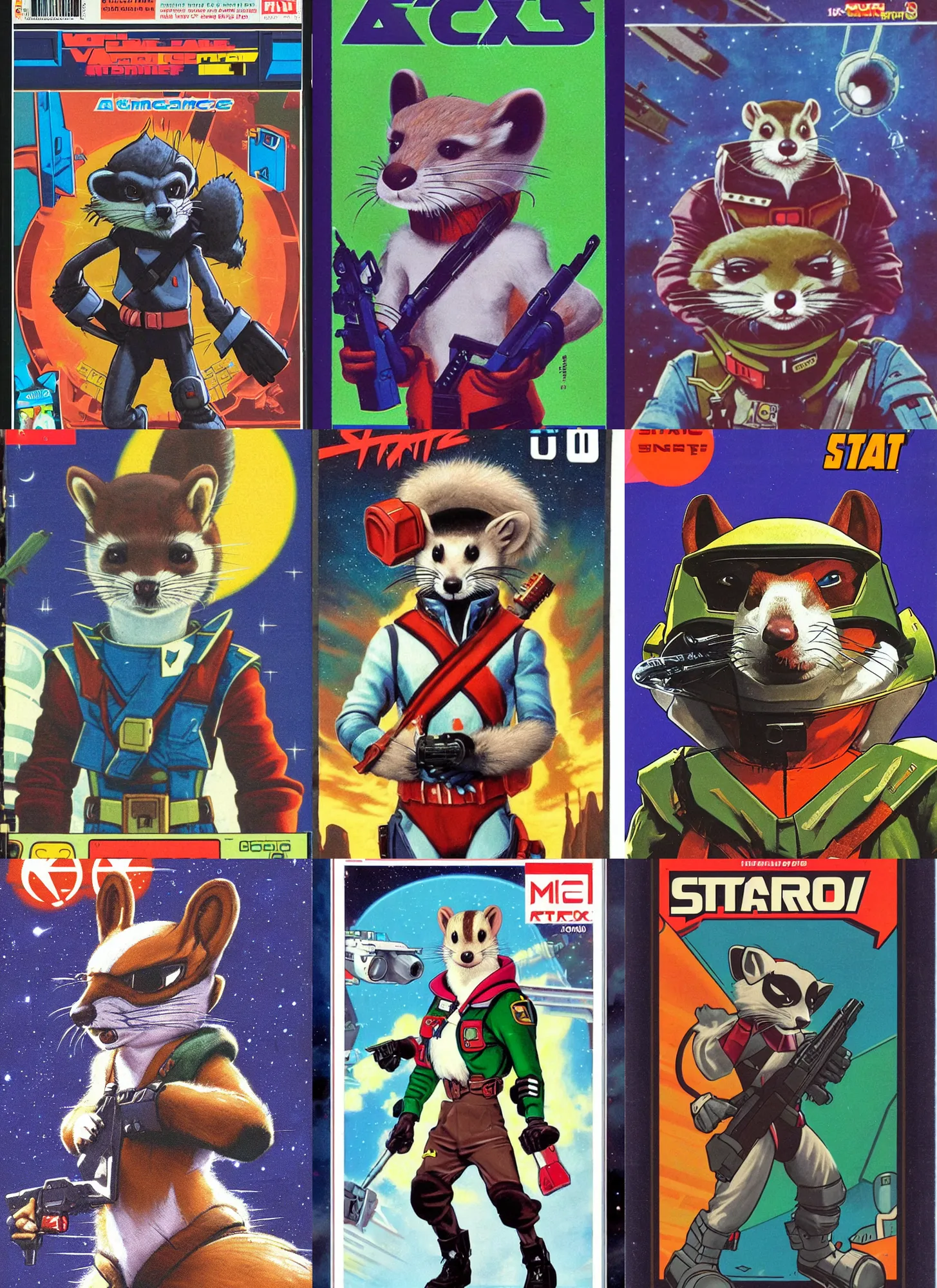 Image similar to 1 9 8 0 s video game art portrait of anthropomorphic stoat from starfox fursona furry stoat in a space mercenary uniform, looking heroic, magazine scan, 8 0 s game box art