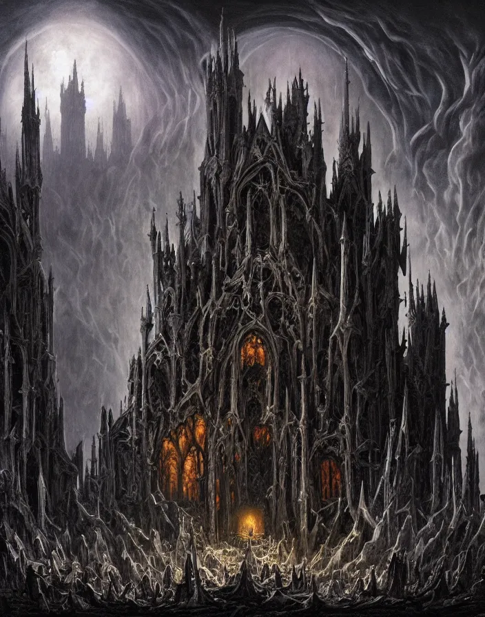 Image similar to a dark gothic castle made of skulls and bones and skeletons, tall spires, epic nebula, Dan Seagrave art