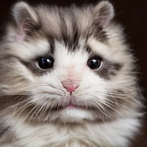 Prompt: fluffy miniature feline cat hamster portrait, aesthetic highly detailed soft fur and paws, professionally shot photorealistic 8k photograph, 35mm Canon EOS R3, rendered in octane, by Natalie Große and Jason Allison